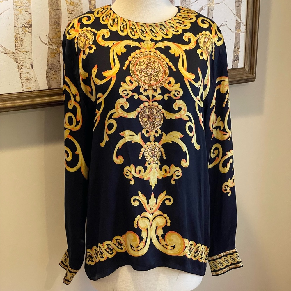 Escada by Margaretha Ley 80’s vintage silk blouse black & gold sz 40 M